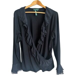 Lauren Ralph Lauren Faux Wrap Chiffon Ruffle Neck & Cuffs Blouse Black Size 2X